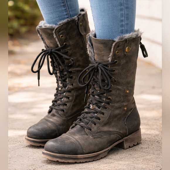 boot Shoes - CUDDLE-F Leather Combat Boots 8.5M Fur Lined Lace Up Mid Calf Gray